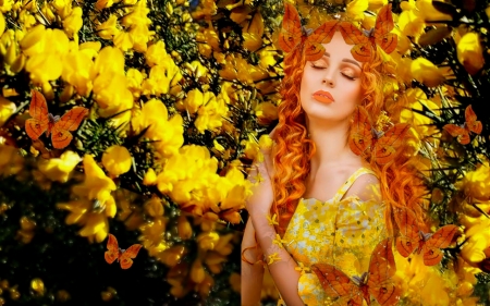 Tropical Colors - yellow, bright, bold, redhead, girl, orange, colorful, black, vibrant, butterflies, vivid