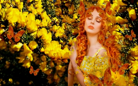 Tropical Colors - vibrant, vivid, yellow, butterflies, girl, orange, black, colorful, redhead, bright, bold