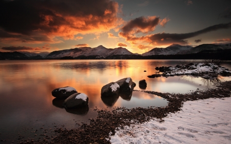 Sunrise by water - mountains, snow, lake, sunrise, rocks