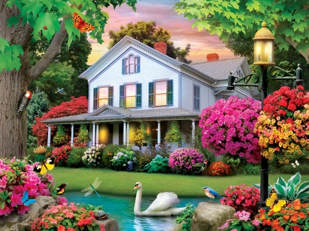 Twilight Flight - flowers, house, trees, swans, pond, garden, digital, artwork