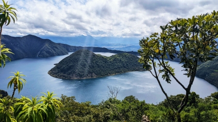 Laguna Cuicocha in Ecuador - sky, mountains, rocks, trees, landscape, clouds