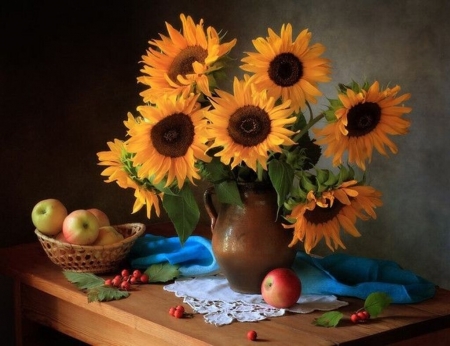 Still life with a bouquet of sunflowers
