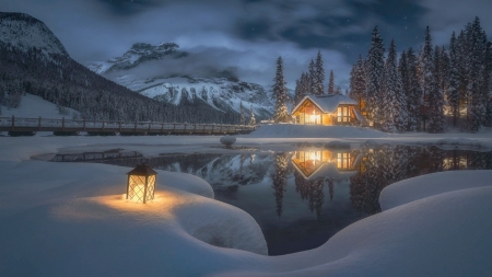 Emerald Lake Lodge, Yoho NP, British Columbia - winter, canada, lights, landscape, snow, mountains