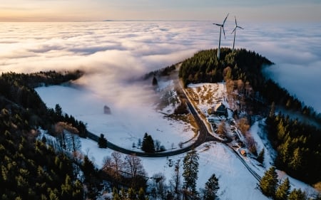 Wind Turbines - valley, fog, wind turbin, view