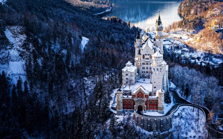 Neuschwanstein Castle in Winter - alps, bavaria, forest, germany, mountains, snow, trees