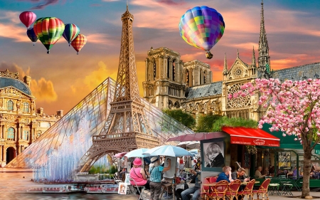 Spring in Paris - blossoms, people, digital, artwork, balloons, church, buildings, eiffel tower