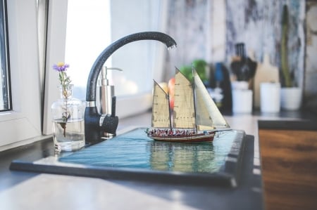 sailing over the flooded sink - tap, sink, water, ship