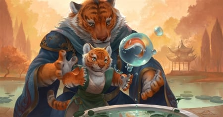 Father and son - tiger, orange, bubble, fantasy, son, tigru, pesti, art, fish, father