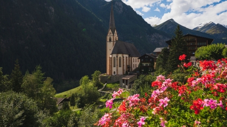 Austria, Church Holy blood - flowers, clouds, blossoms, alps, landscape, spring, mountains, sky