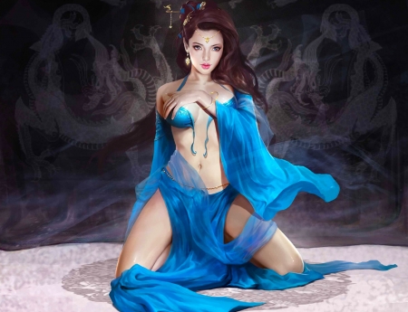 Scent of Seduction - fantasy, blue, woman, beautiful, digital, girl, veils, art