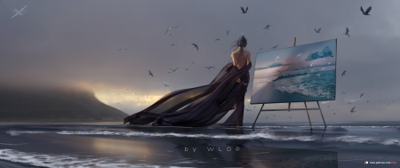 :) - water, princess, sea, art, girl, dark, beach, wind, summer, painting, wlop, artist, vara
