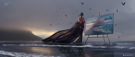 :) - summer, water, wlop, beach, girl, sea, dark, wind, painting, princess, art, vara, artist