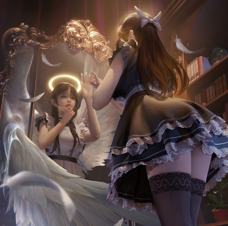 Angel - fantasy, girl, angel, ck, wings, mirror, ckart, frumusete, gorgeous, superb, feather