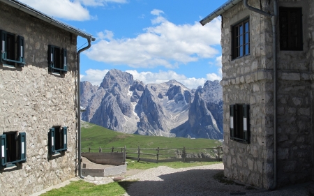 Seiser-Alm, Dolomites, Italy - meadow, mountains, houses, Italy