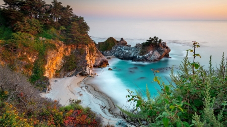 McWay falls - bay, beach, beautiful, big sur, california, fall, ocean, rocks, sands, sea, waterfall