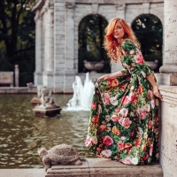 Redhead in a Colorful Dress