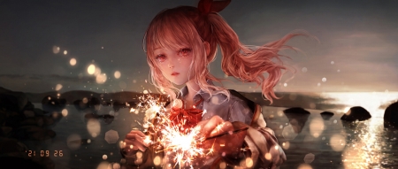 Fireworks - fantasy, fireworks, girl, mu ke, muke, pink, red