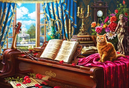 Grand Piano Cat - flowers, book, digital, window, candles, art, chair