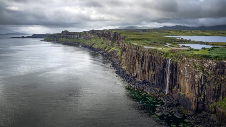 Waterfall - Iceland, waterfall, cliff, ocean
