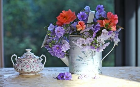 Still Life - flowers, blossoms, colors, sugar bowl, bouquet