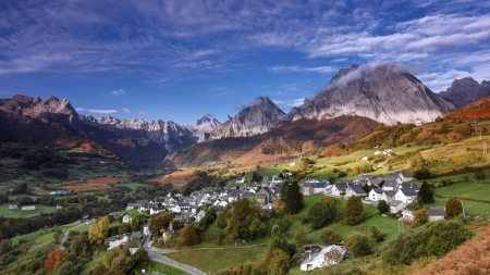 swiz village - trees, glassland, houses, homes, mountains