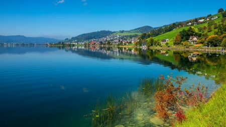 Serenity - bloue, Switzerland, photography, green, landscape, nature, lake