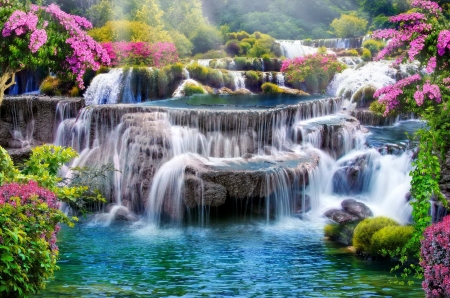 waterfall in paradise - flowers, natur, paradise, waterfall