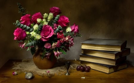 Rose Still Life - roses, books, bouquet, still life