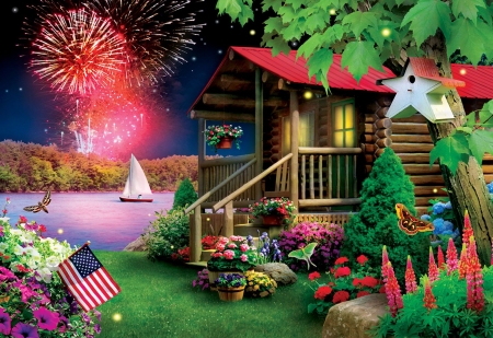 Summer Celebration - artwork, fireworks, boat, trees, flowers, flag, cabin, lake, digital
