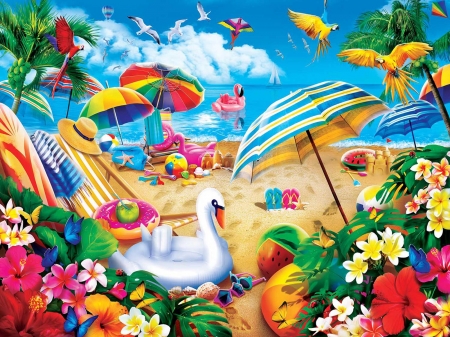 Weekend Escape - sea, digital, umbrellas, palm tree, parrots, art, flowers, beach