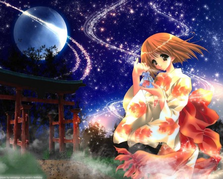 A birthday gift - moon, stars, girl, night, goldfish, dark, beautiful, fish, flowers