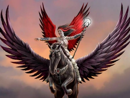 Flying together - woman, sky, angel, girl, wings, black, horse, beautiful, red, animal, pegasus