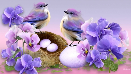blue springtime - purple, blue, birds, springtime