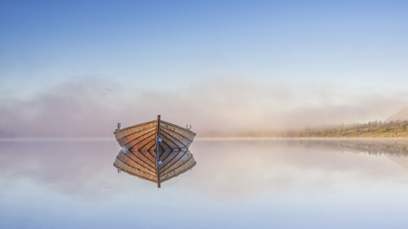 Boat on Foggy Lake - lake, morning, fog, boat