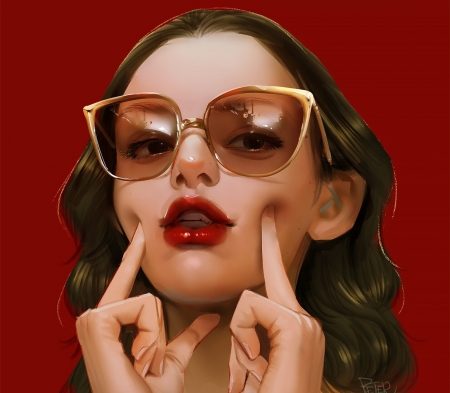 Girl - fantasy, red, girl, portrait, face, peter xiao, art, sunglasses