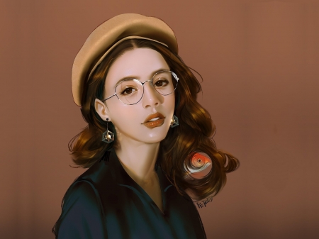 Girl - brown, art, fantasy, peter xiao, portrait, face, girl, hat