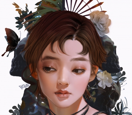 Girl - fantasy, portrait, butterfly, face, peter xiao, flower, art, asian