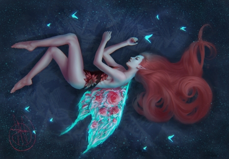 Sleeping Fairy - redhead, sleep, dark, night, blue, wings, art, girl, zero akuma, view from the top, fairy