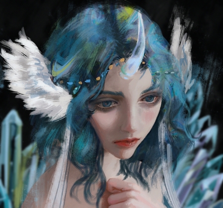 Unicorn girl - blue, wings, evil inspiration, art, unicorn, face, girl