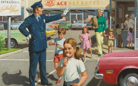 street crossing - child, police, retro, vintage