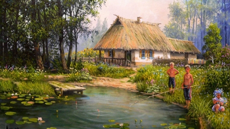 country lives - river, country, farm, painting