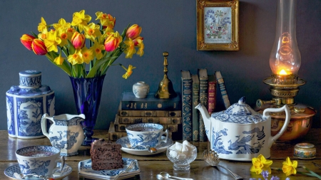 Still Life - kettle, daffodils, books, mugs, tes, flowers, tulips, cake, cup