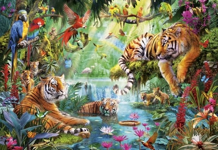 Tigers - bird, parrot, tiger, pictura, painting, eater, jungle, tigru, art