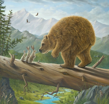 Who are you? - animal, art, bear, bunny, painting, pictura, rabbit, robert bissell, urs
