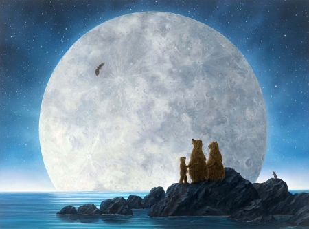 Moonlighters - art, bear, blue, fantasy, gantasy, luna, moon, night, painting, pictura, robert bissell, silhouette, urs, white
