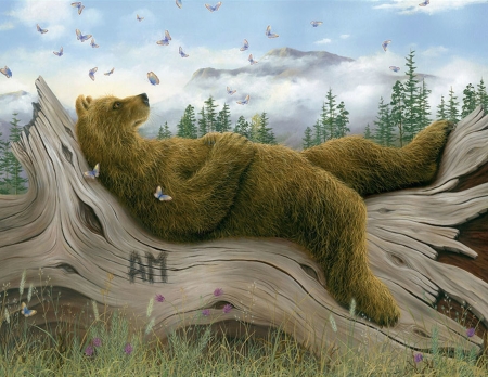 Sleeping - bear, pictura, urs, fantasy, sleep, painting, robert bissell, butterfly, art