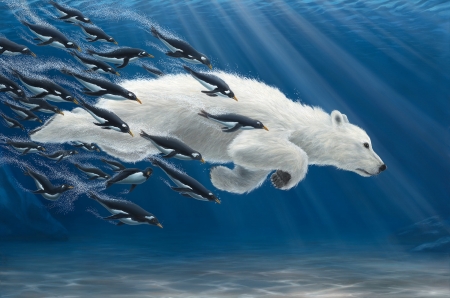 Underwater - water, blue, diving, pictura, fantasy, urs, white, underwater, painting, robert bissell, polar bear, art, penguin