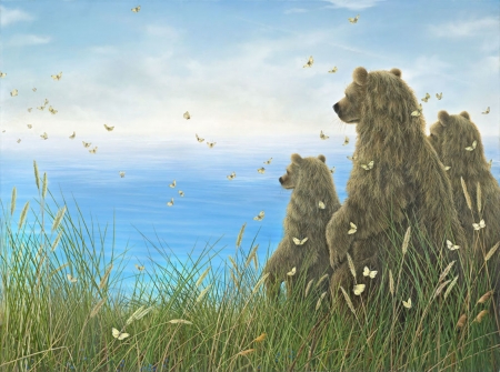 Family - water, puctura, family, bear, urs, painting, robert bissell, butterfly, art