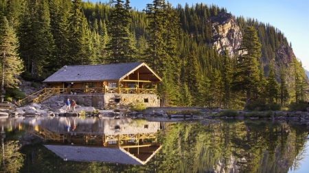 Agnes Lake, Banff NP, Alberta - house, reflections, trees, canada, water, forest