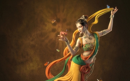 Dancer - dancer, fantasy, flower, lu tu, orange, lotus, lutu, girl, jewel, green
